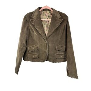 d.jeans Brown Corduroy Jacket L Floral Satin Lining Frayed Hem Boho Y2K Vintage